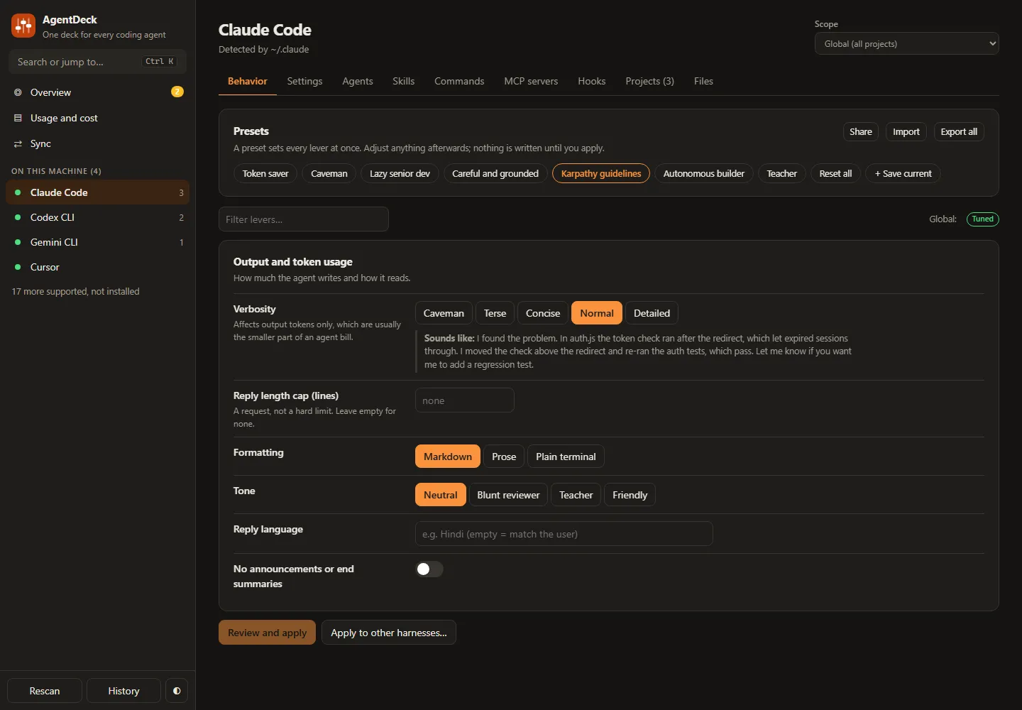AgentDeck behaviour tab with lever controls for verbosity, grounding and autonomy.