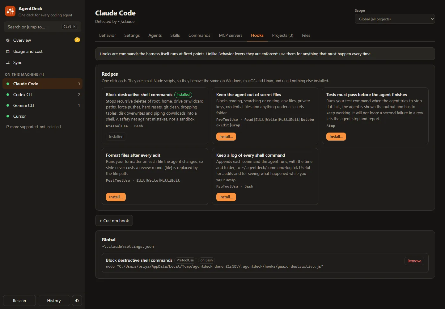 AgentDeck hooks tab listing hook recipes such as guard destructive commands and protect secrets.