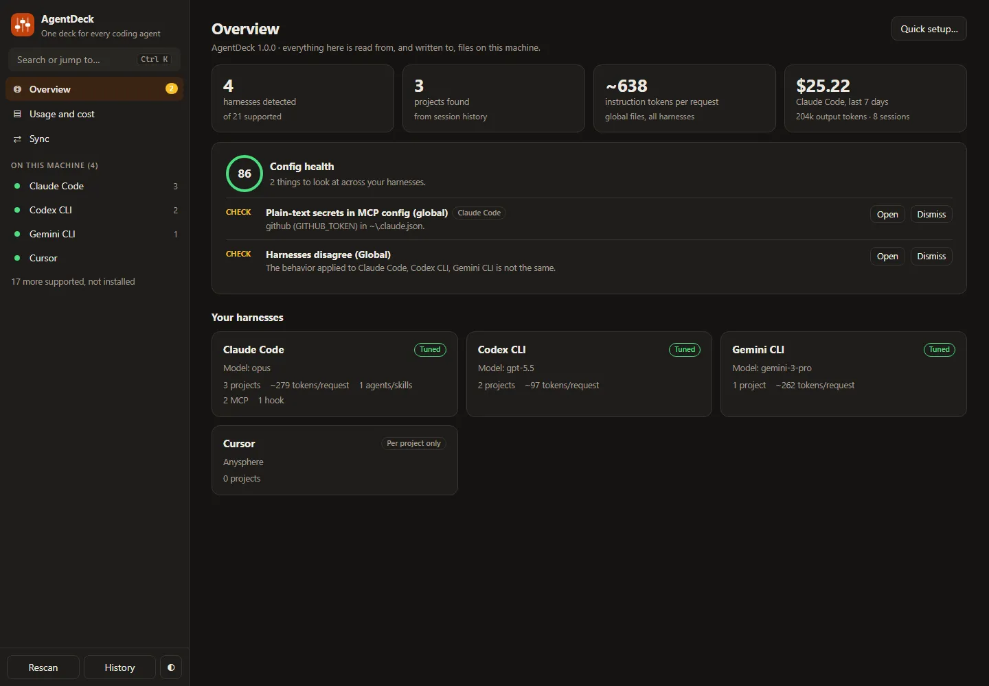 AgentDeck overview screen listing detected coding agents with their instruction files, settings and health status.