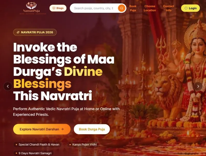 The namanpuja.com home page with a Navratri puja banner and booking buttons.
