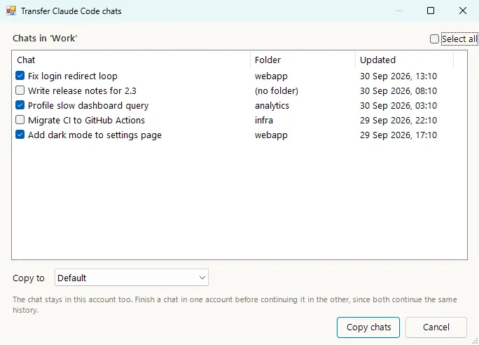Dialog for transferring chat sessions from one profile to another.