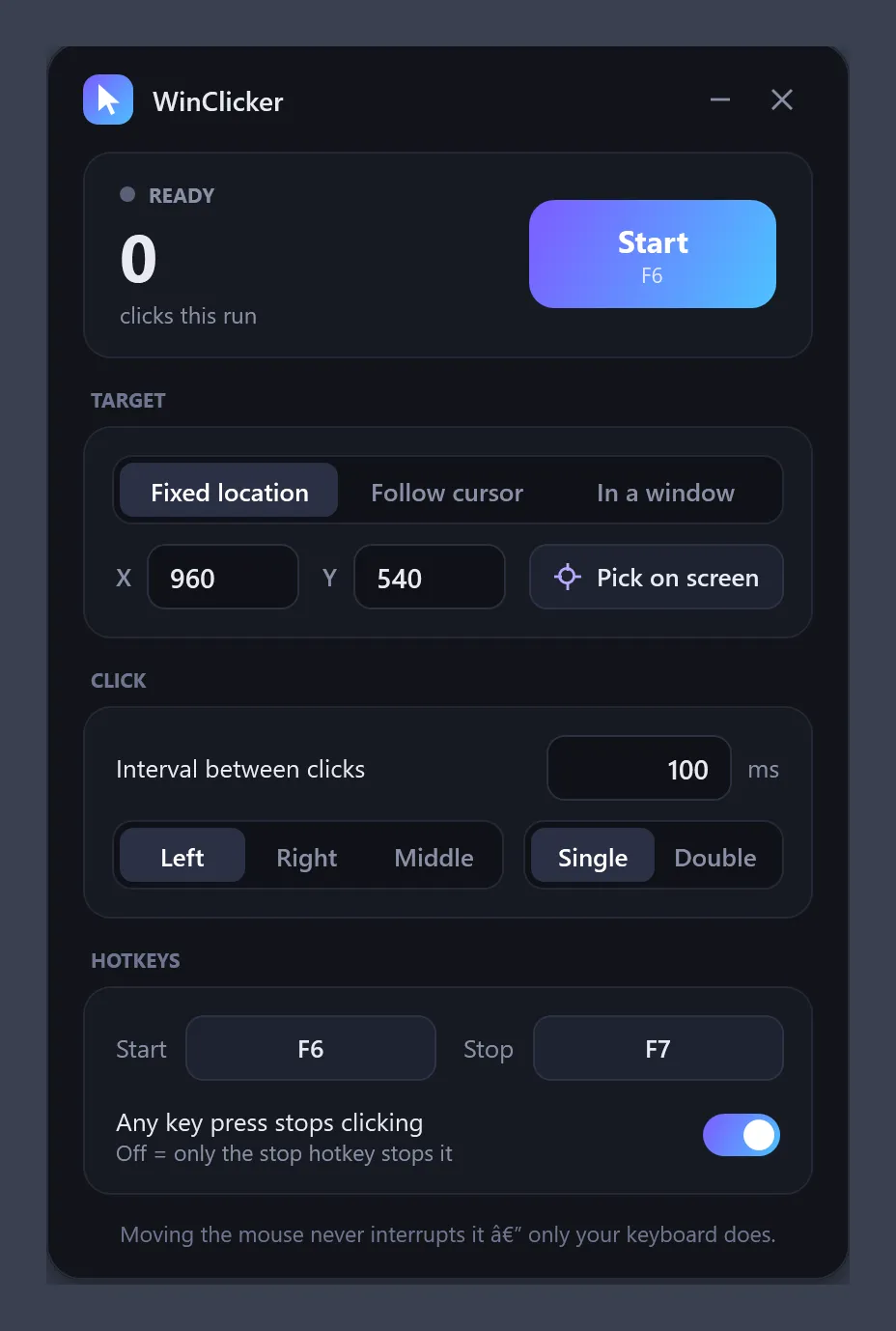 WinClicker main window with interval, mouse button, target and hotkey settings.